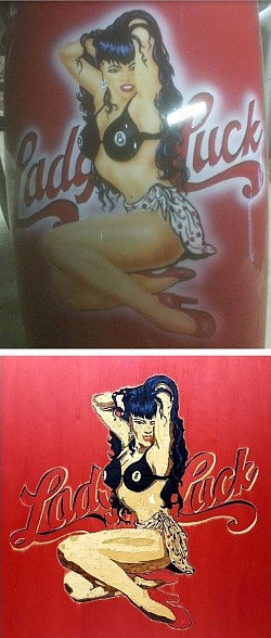 “Lady Luck” Pin-Up – Artistic wood inlay re-creation of vintage airbrush art.